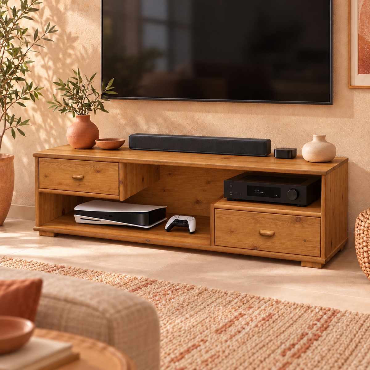 Vanessa TV-Schrank aus Kiefer Massivholz | TV-Lowboard mit 2 Schubladen aus 100% Bio-Kiefer