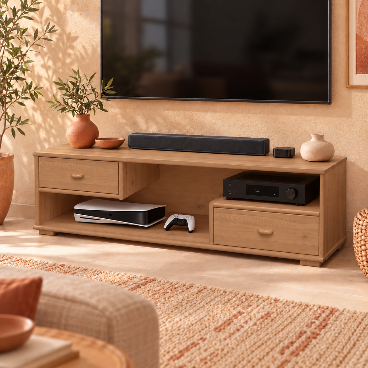 Vanessa TV-Schrank aus Kiefer Massivholz | TV-Lowboard mit 2 Schubladen aus 100% Bio-Kiefer