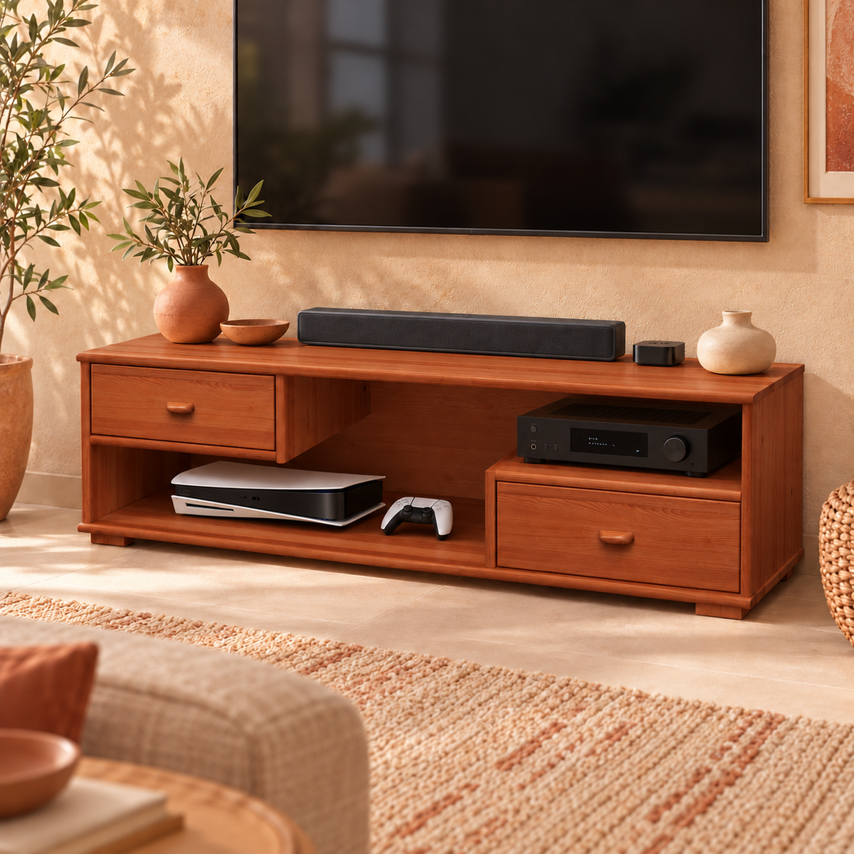 Vanessa TV-Schrank aus Kiefer Massivholz | TV-Lowboard mit 2 Schubladen aus 100% Bio-Kiefer