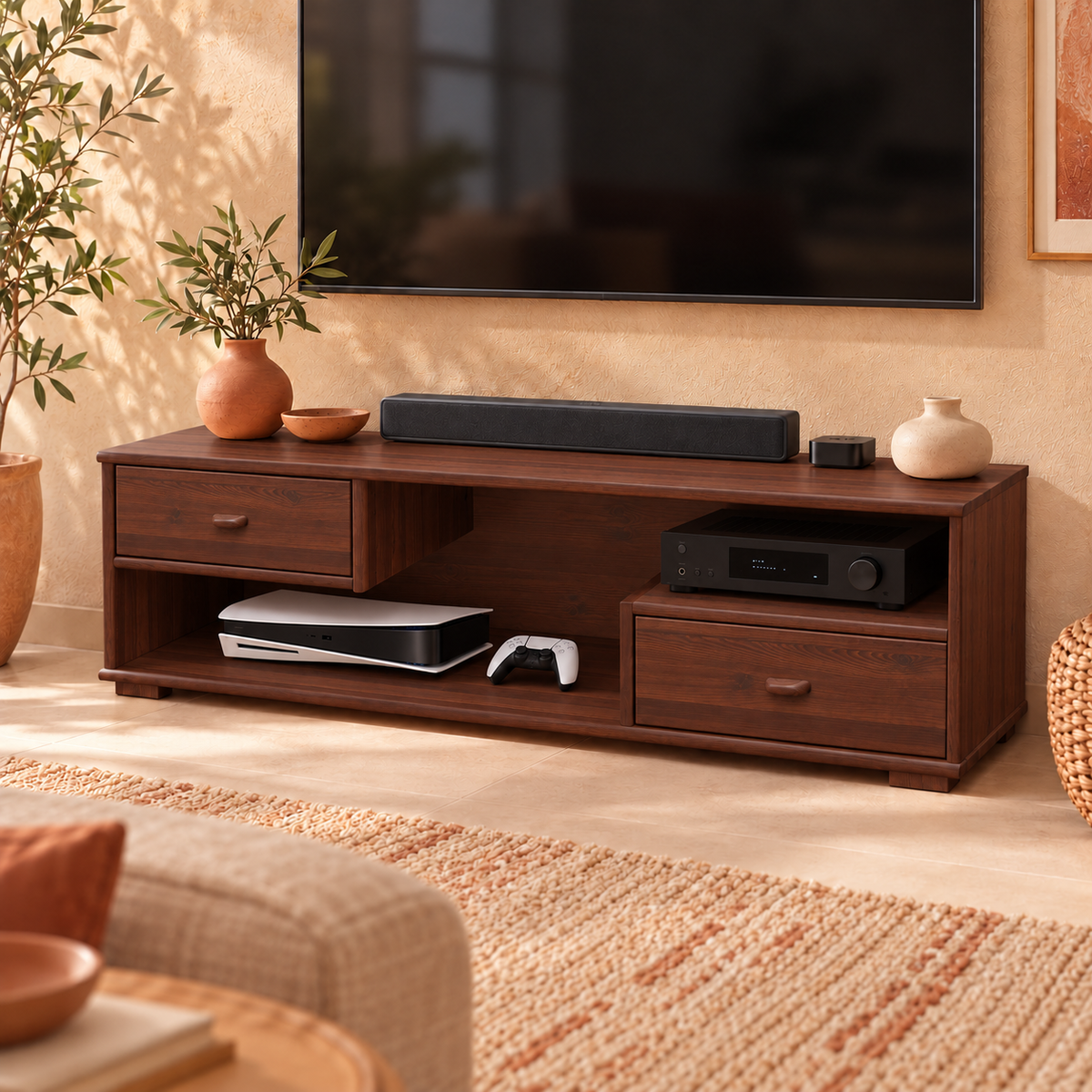 Vanessa TV-Schrank aus Kiefer Massivholz | TV-Lowboard mit 2 Schubladen aus 100% Bio-Kiefer