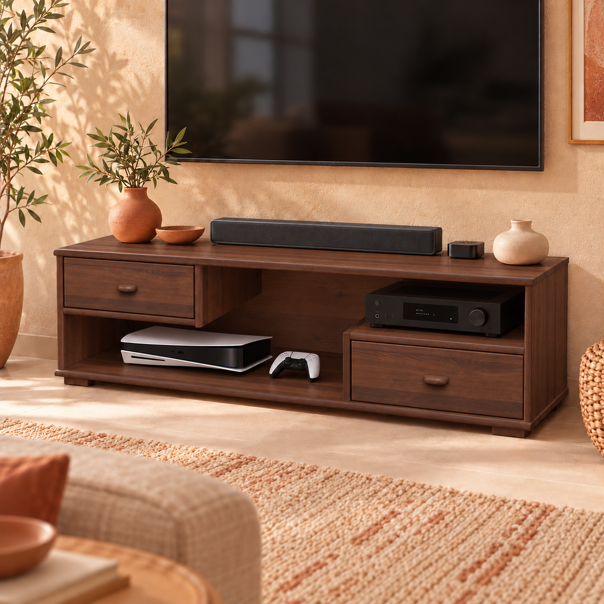 Vanessa TV-Schrank aus Kiefer Massivholz | TV-Lowboard mit 2 Schubladen aus 100% Bio-Kiefer