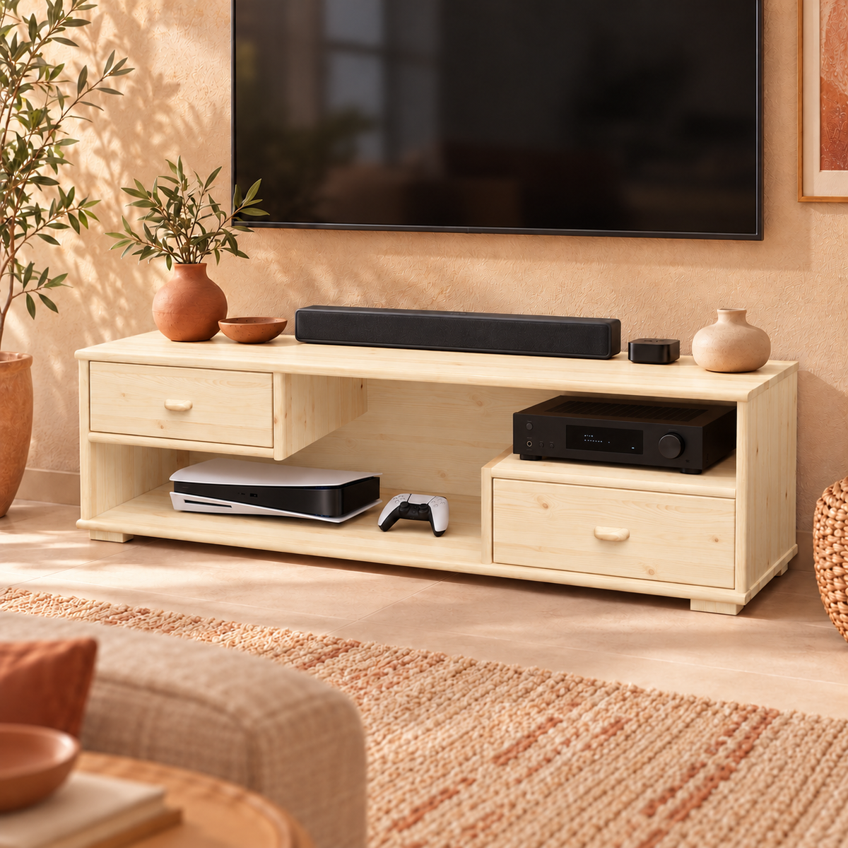 Vanessa TV-Schrank aus Kiefer Massivholz | TV-Lowboard mit 2 Schubladen aus 100% Bio-Kiefer