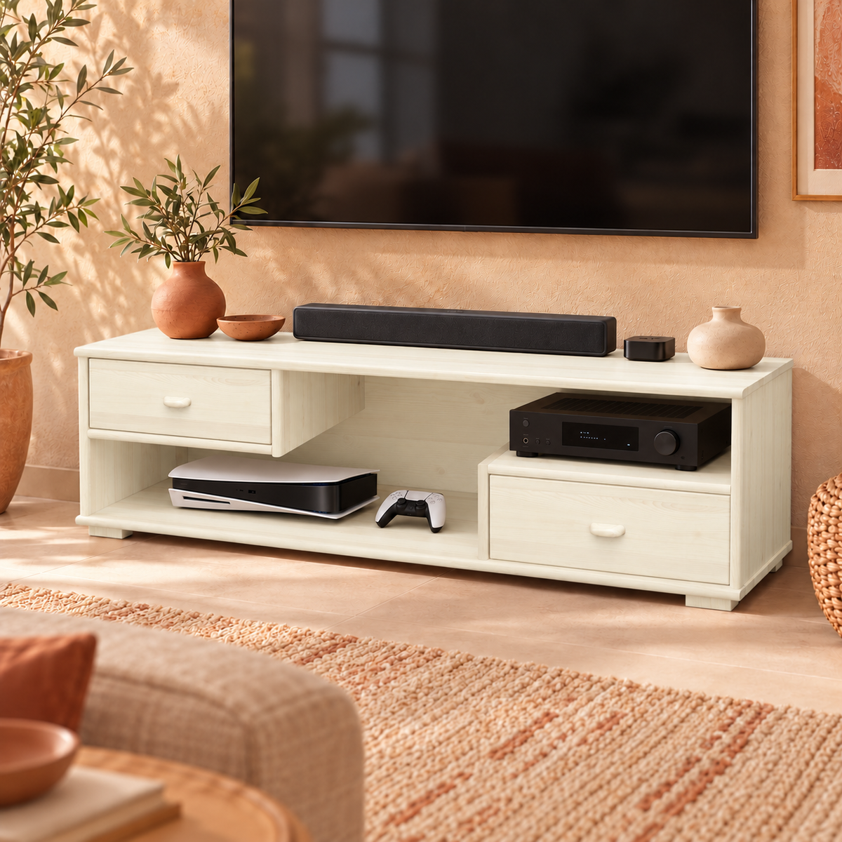 Vanessa TV-Schrank aus Kiefer Massivholz | TV-Lowboard mit 2 Schubladen aus 100% Bio-Kiefer