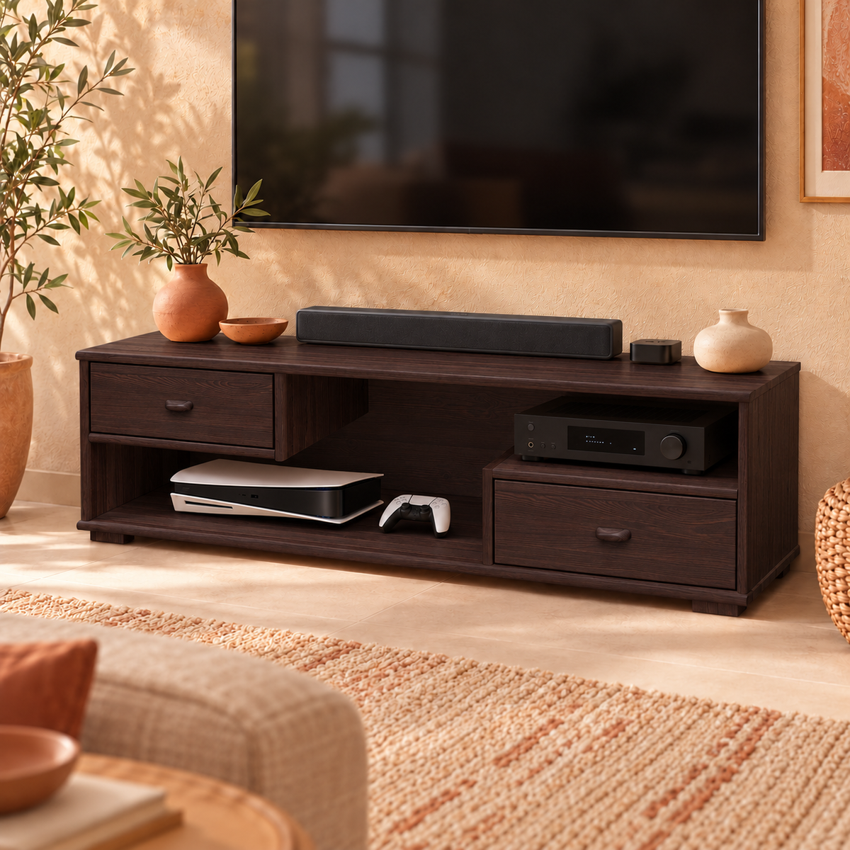 Vanessa TV-Schrank aus Kiefer Massivholz | TV-Lowboard mit 2 Schubladen aus 100% Bio-Kiefer