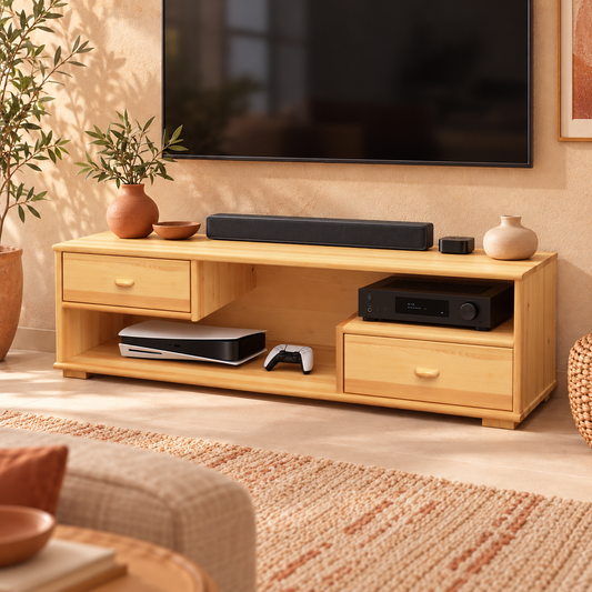 Vanessa TV-Schrank aus Kiefer Massivholz | TV-Lowboard mit 2 Schubladen aus 100% Bio-Kiefer