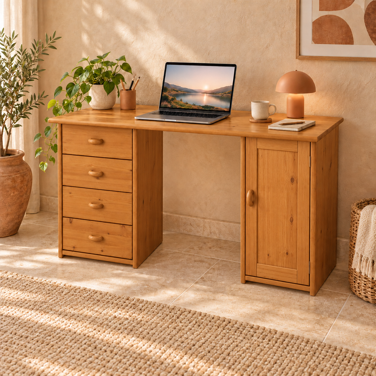 Vanessa Schreibtisch aus Kiefer Massivholz | 1-Türig | 4-Schubladen - Für ein stilvolles Home-Office