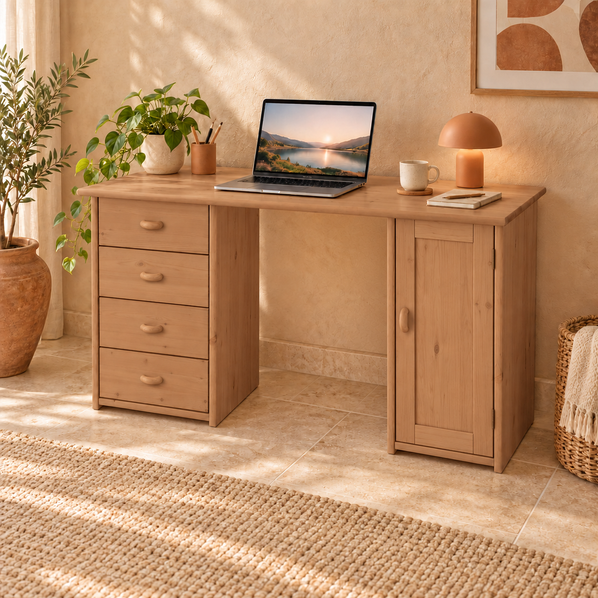 Vanessa Schreibtisch aus Kiefer Massivholz | 1-Türig | 4-Schubladen - Für ein stilvolles Home-Office