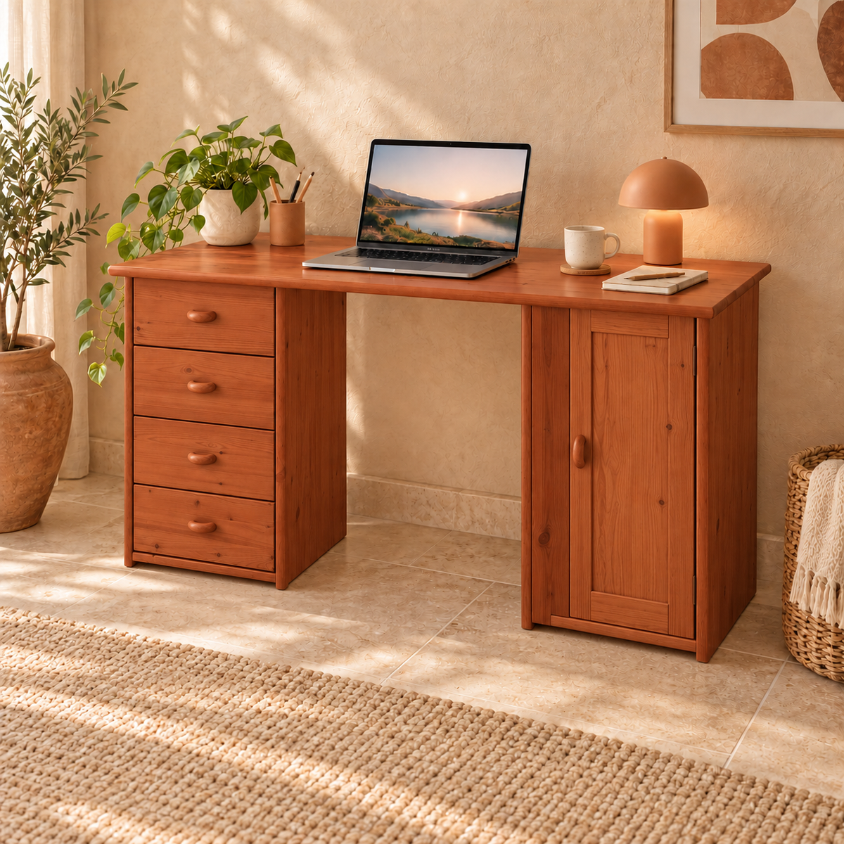 Vanessa Schreibtisch aus Kiefer Massivholz | 1-Türig | 4-Schubladen - Für ein stilvolles Home-Office