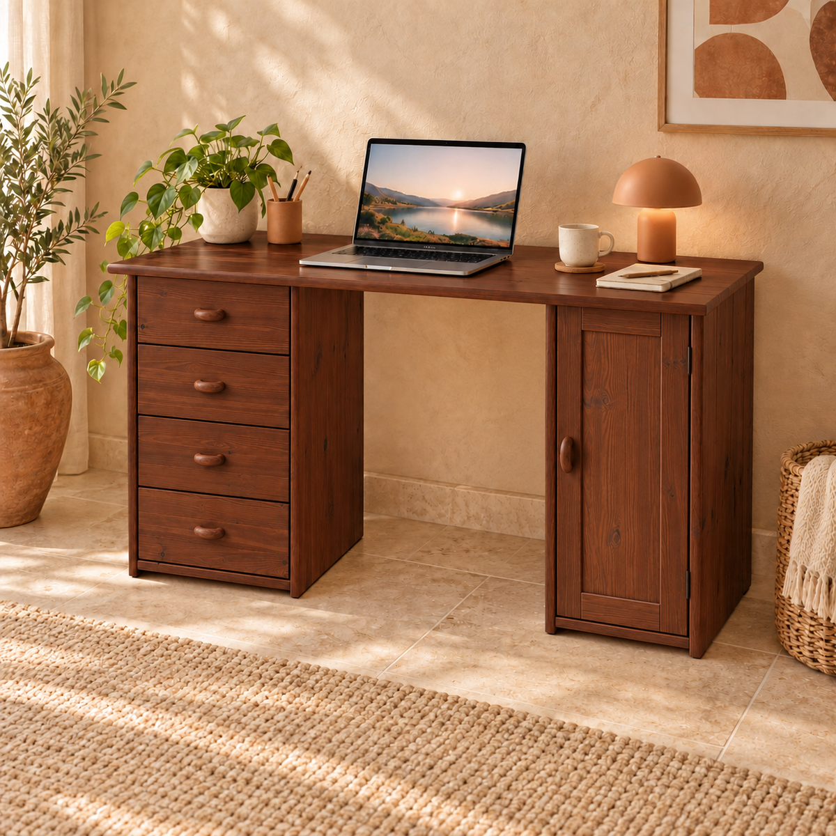 Vanessa Schreibtisch aus Kiefer Massivholz | 1-Türig | 4-Schubladen - Für ein stilvolles Home-Office