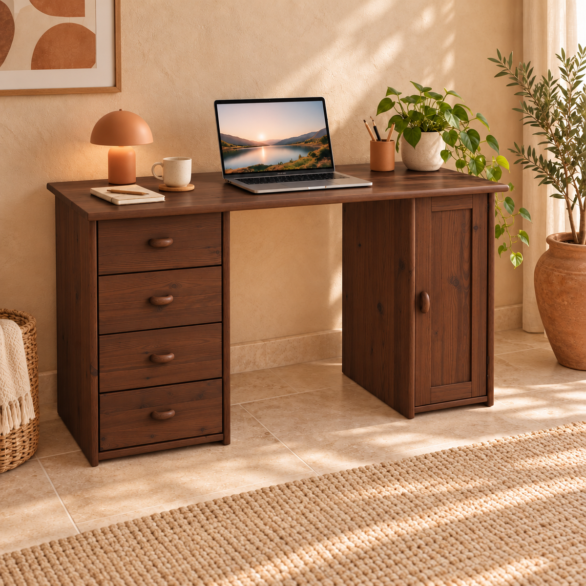 Vanessa Schreibtisch aus Kiefer Massivholz | 1-Türig | 4-Schubladen - Für ein stilvolles Home-Office