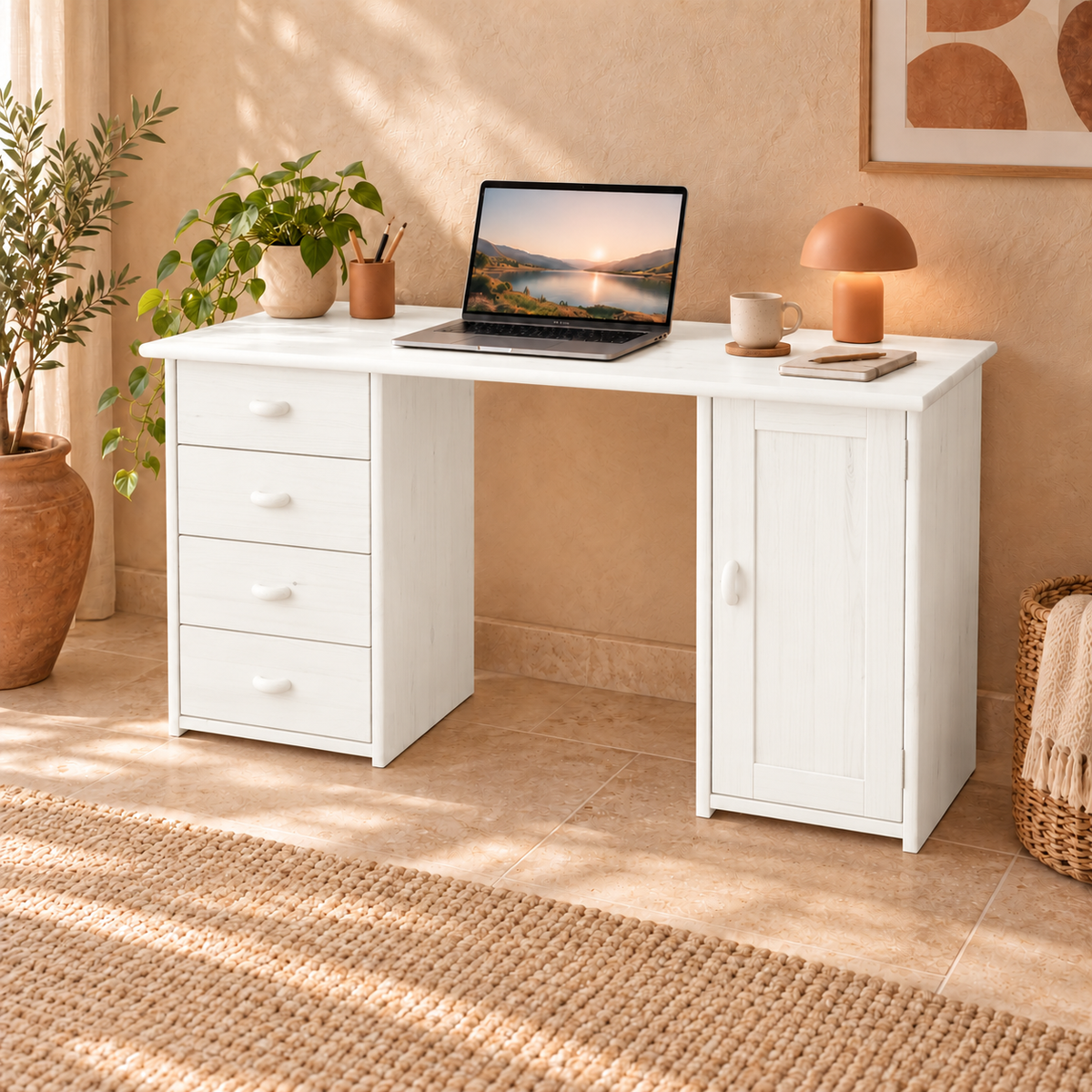 Vanessa Schreibtisch aus Kiefer Massivholz | 1-Türig | 4-Schubladen - Für ein stilvolles Home-Office