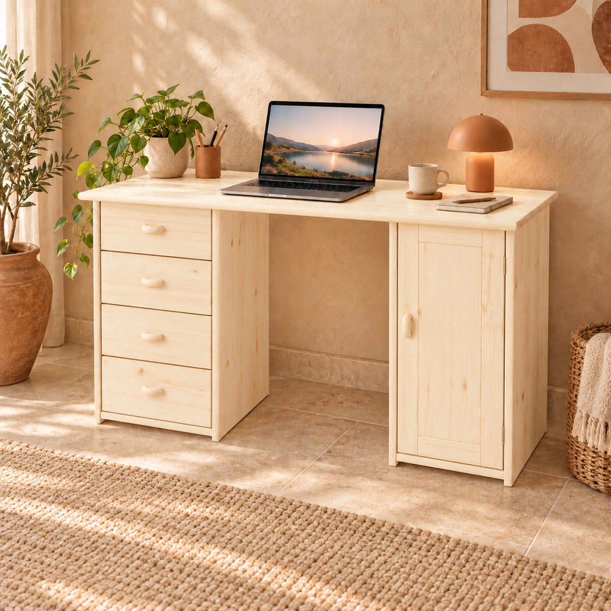 Vanessa Schreibtisch aus Kiefer Massivholz | 1-Türig | 4-Schubladen - Für ein stilvolles Home-Office