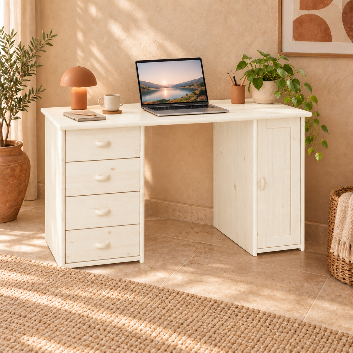 Vanessa Schreibtisch aus Kiefer Massivholz | 1-Türig | 4-Schubladen - Für ein stilvolles Home-Office