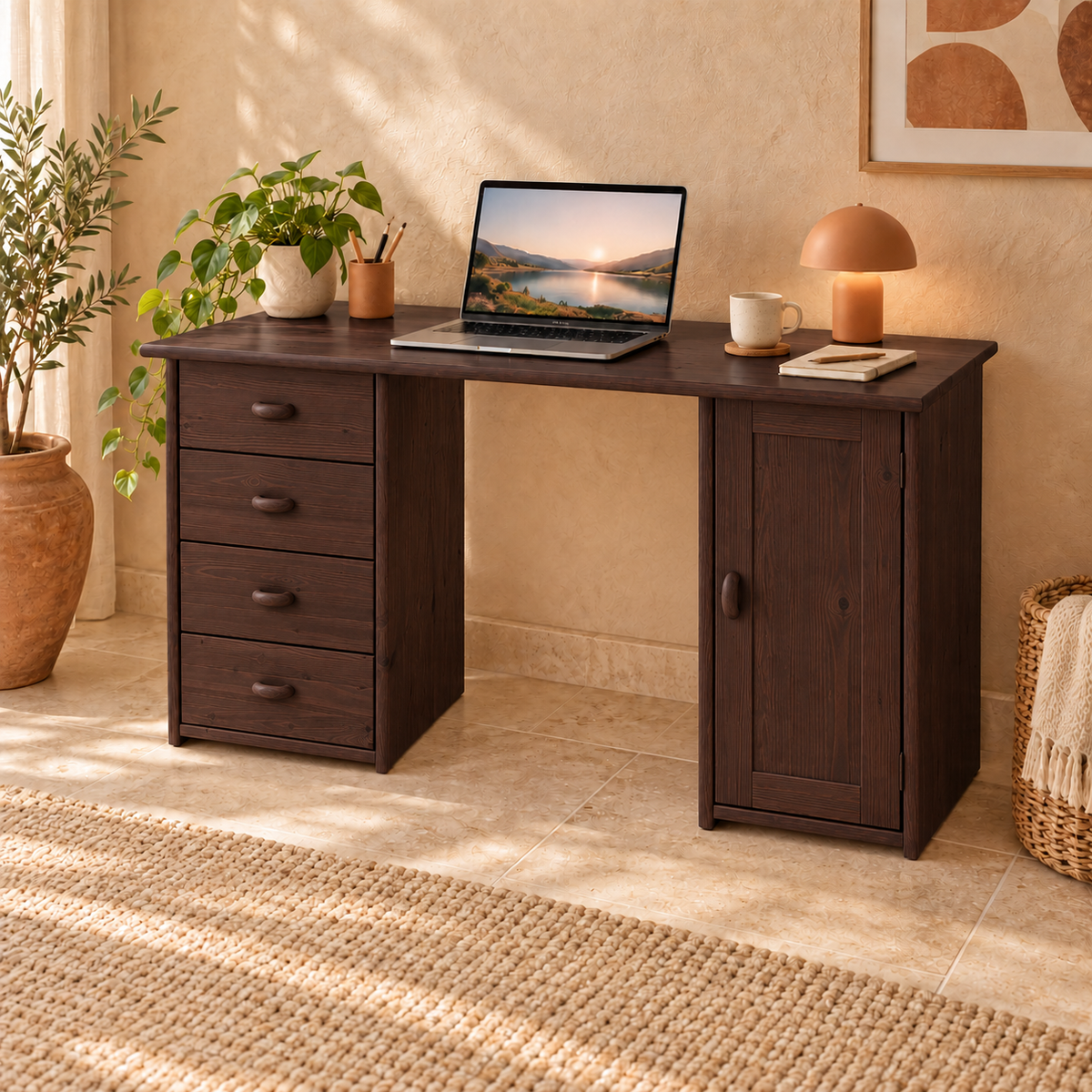 Vanessa Schreibtisch aus Kiefer Massivholz | 1-Türig | 4-Schubladen - Für ein stilvolles Home-Office